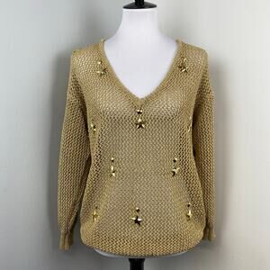 Vintage Gold Shimmering Fishnet Mesh Nautical Holiday Sweater Medium Stars